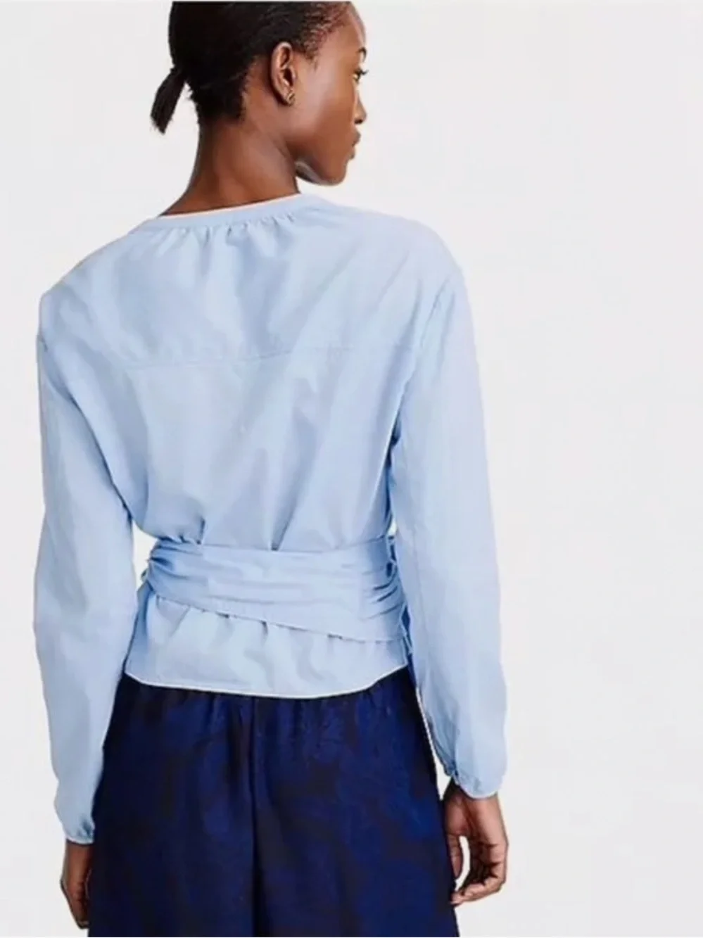 J. Crew Sarah Wrap Top Oxford Powder Blue Long Sleeve Blouse Surplice Medium